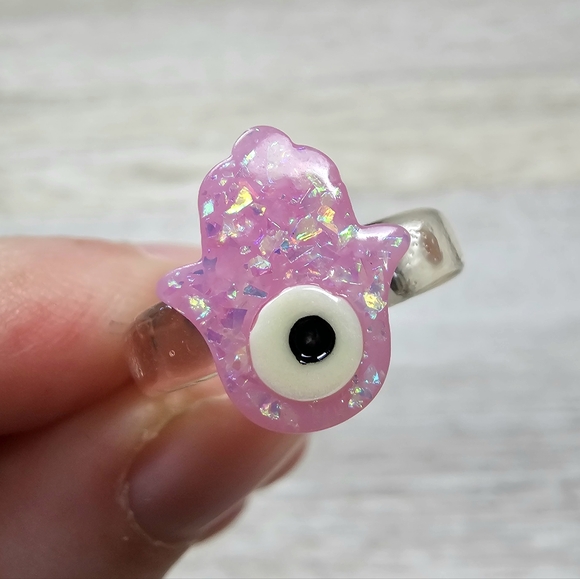 Hamsa Evil Eye Sparkle Ring Magenta Y2K - Picture 3 of 7